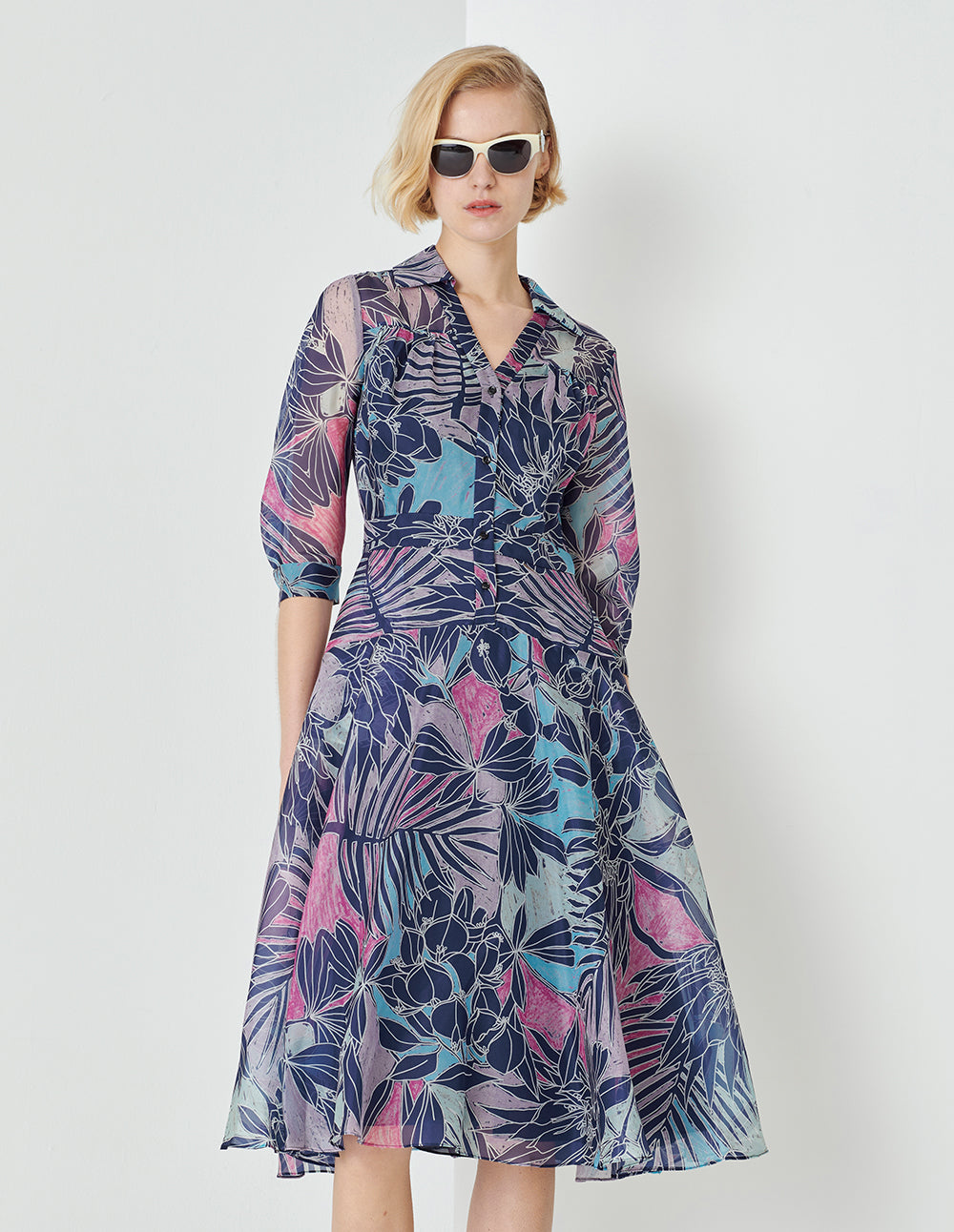 MARYLING V-Neck Shirt-Style Organza Printed Dress