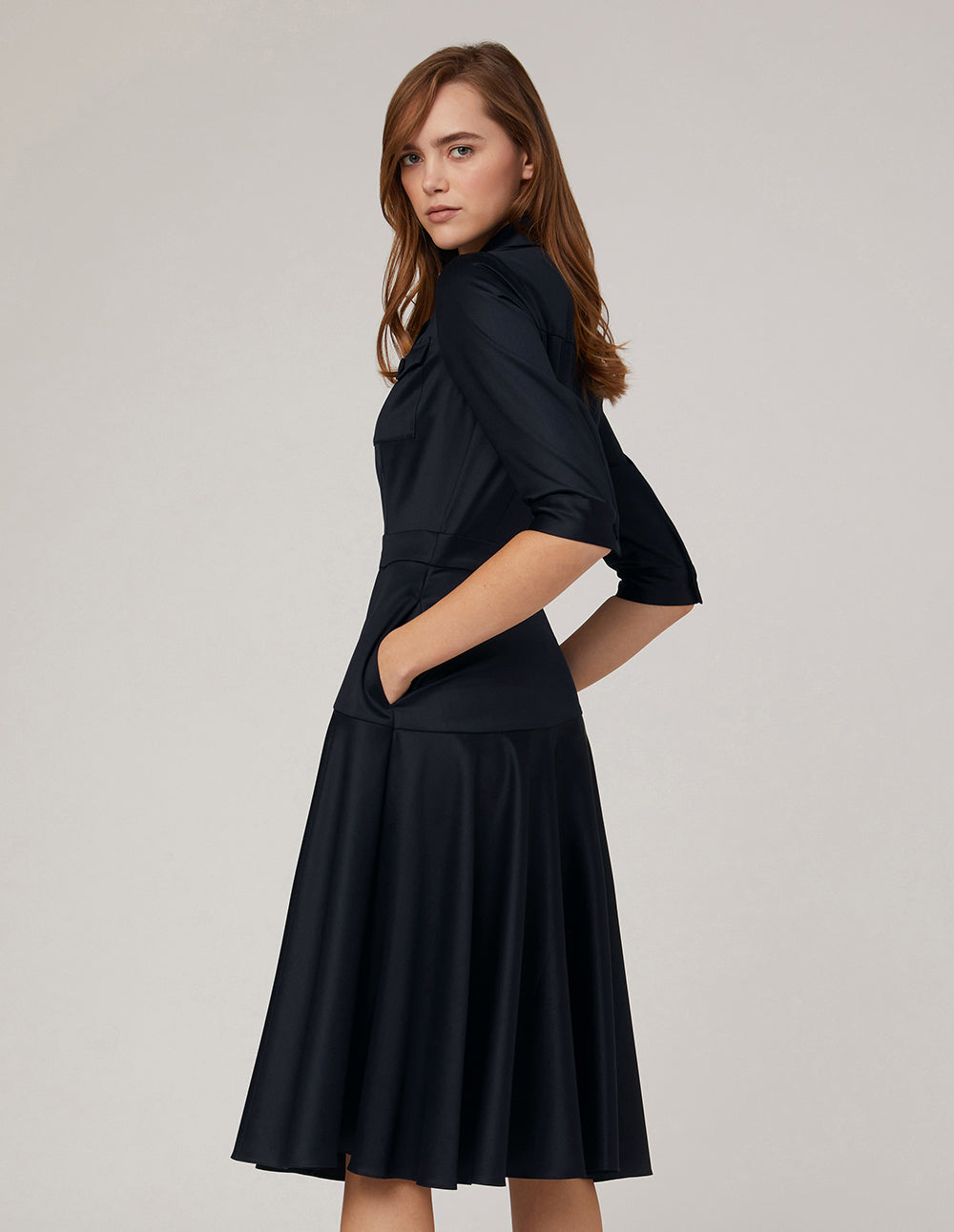 MARYLING Notch Lapel Asymmetrical Flared Dress