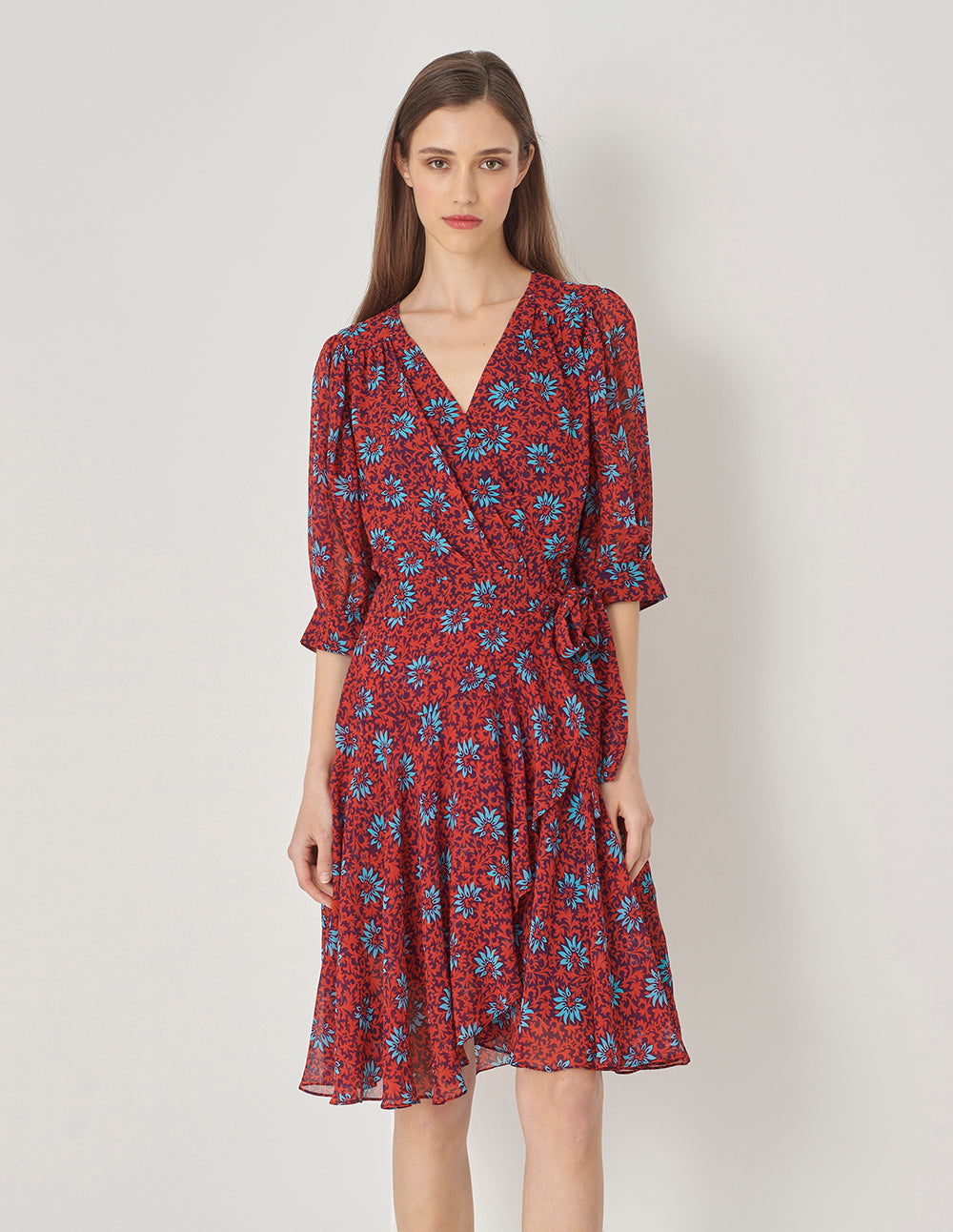 MARYLING Red Floral V-Neck Puff Sleeve Lace-Up Dress