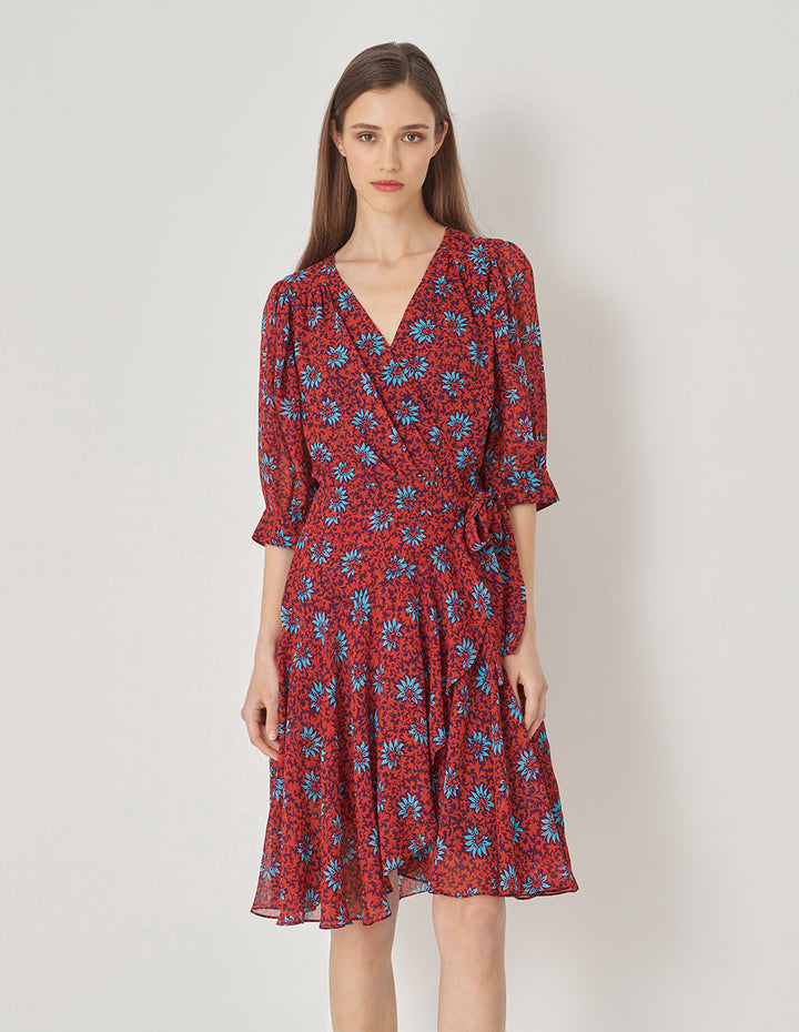 MARYLING Red Floral V-Neck Puff Sleeve Lace-Up Dress