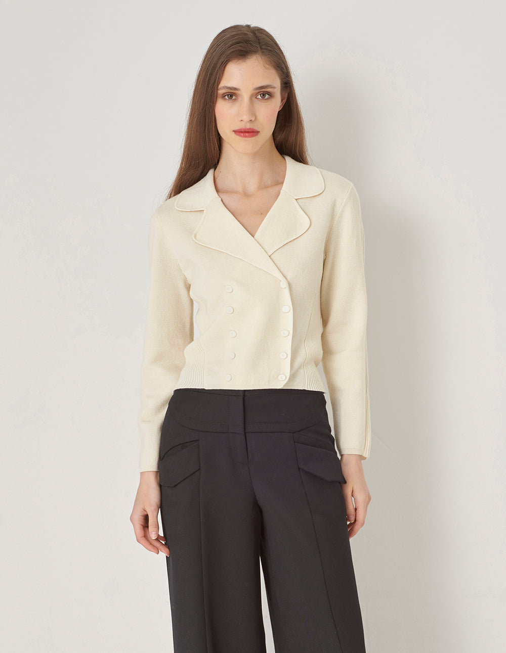 MARYLING Lapel-Collar Skinny Double-Breasted Sweater Top