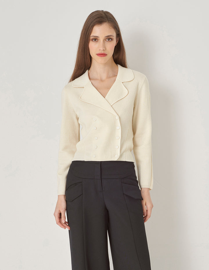 MARYLING Lapel-Collar Skinny Double-Breasted Sweater Top