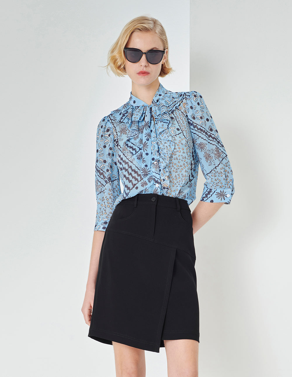 MARYLING V Neck Ruffle Tie 3/4 Sleeve Shirt