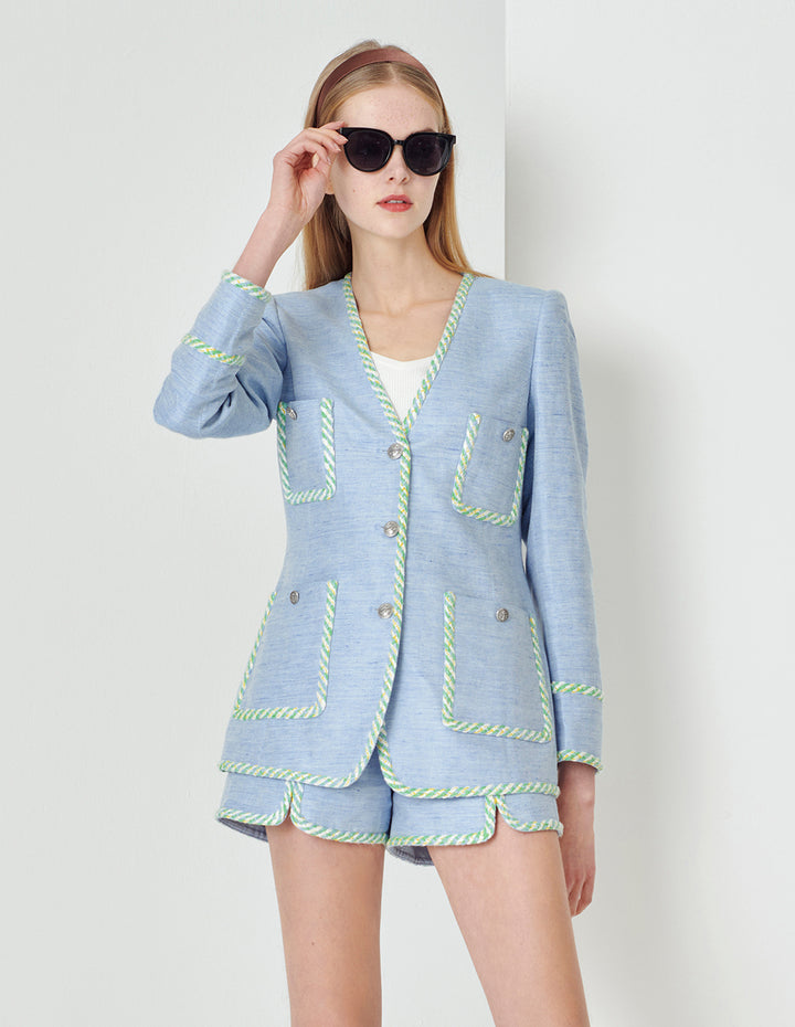 MARYLING Denim Blue Colourful Lace Metal Buckle Jacket