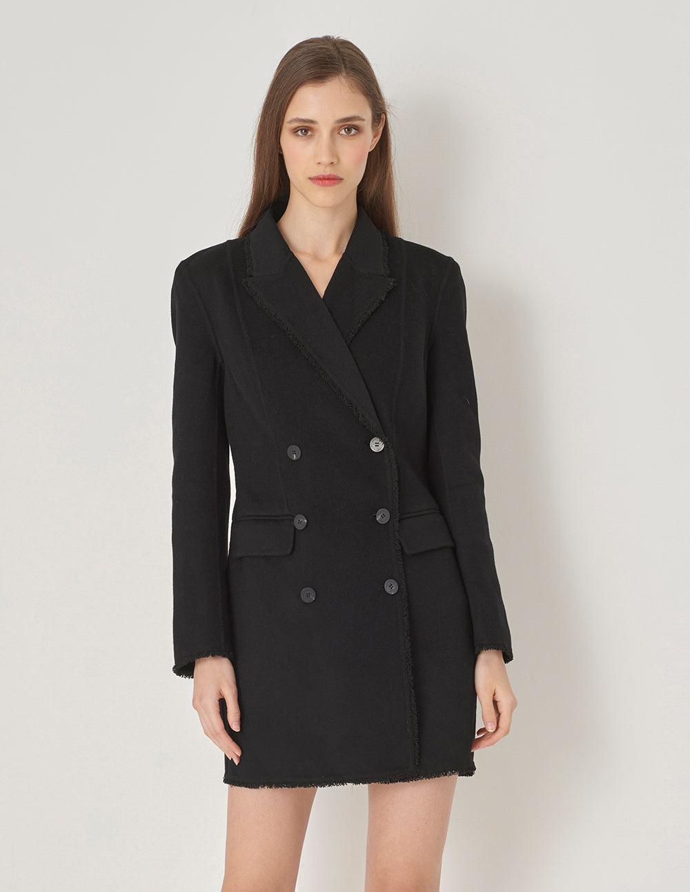MARYLING Black Classic Suit Collar Midi Wool Coat