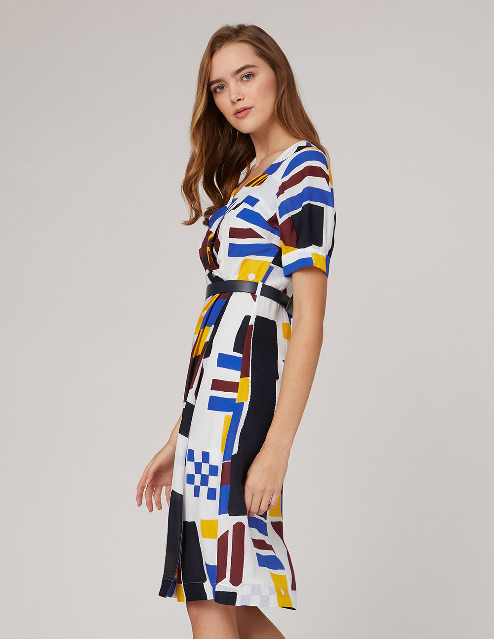 MARYLING V-neck crisscross pleated color block silk dress
