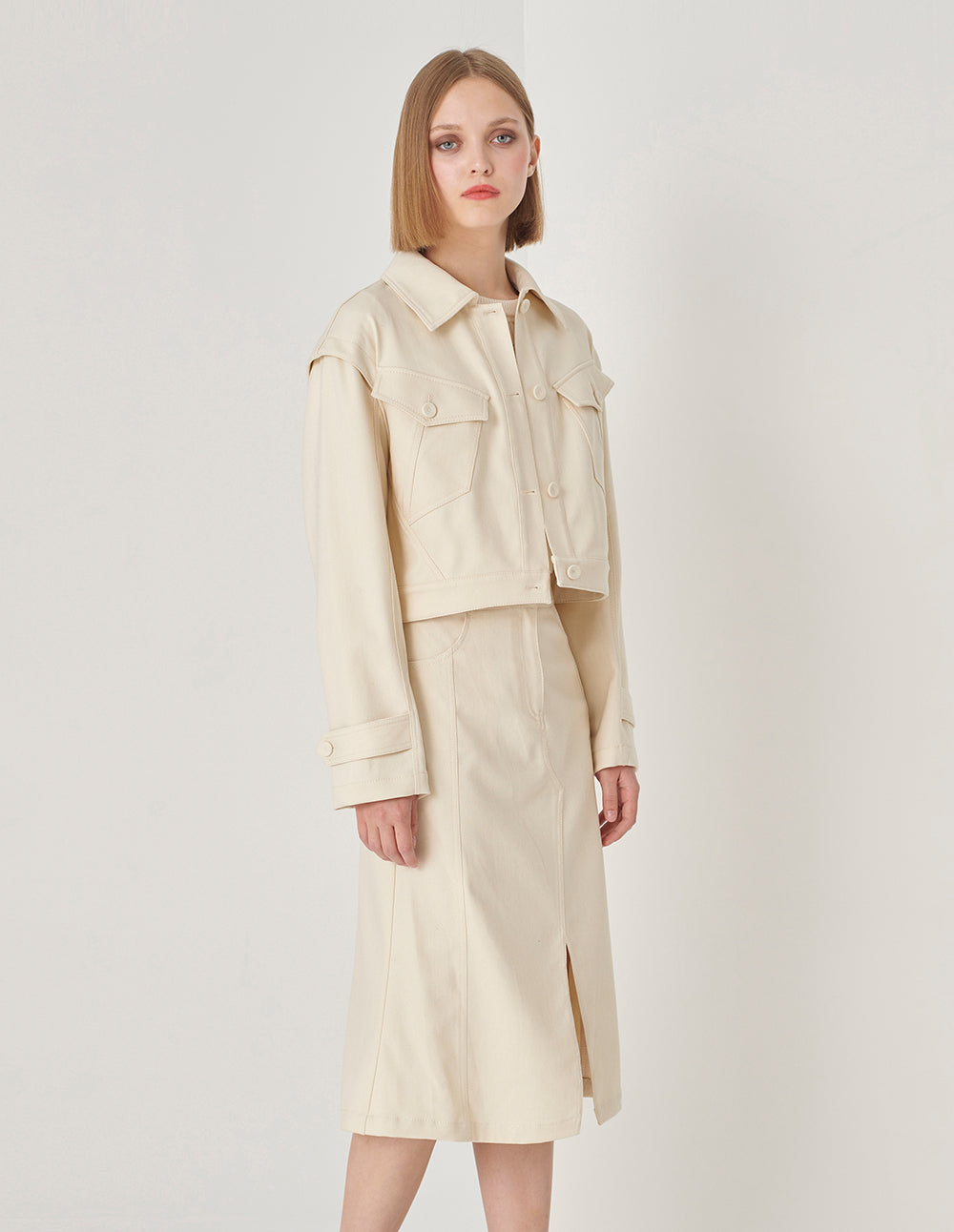 MARYLING White Fishtail Mid-Front Slit Skirt