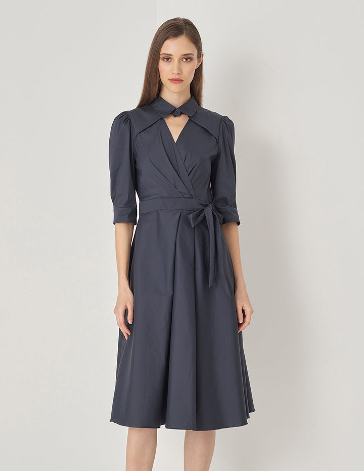 MARYLING Midnight Blue Shirt Neck V-Shaped Overlap Knotted Navy Dress