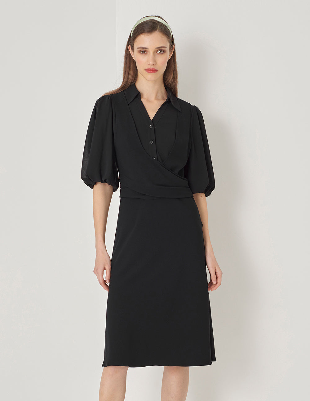 MARYLING Black Fake Two-Piece Shirt V-Neck Puff Sleeve Dress