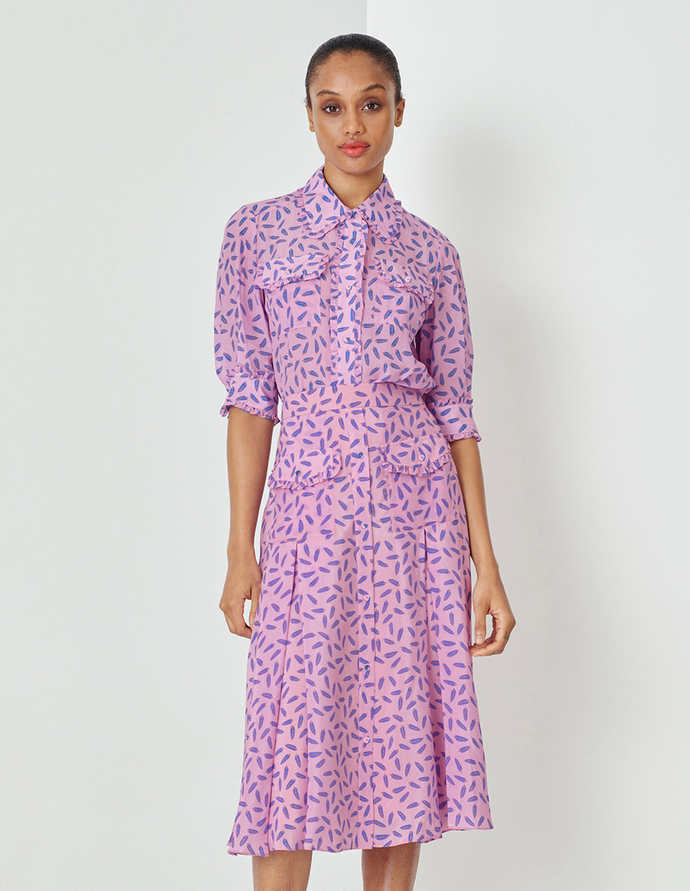 MARYLING Dreamy Pink Printed Cropped Sleeves Silk Shirt