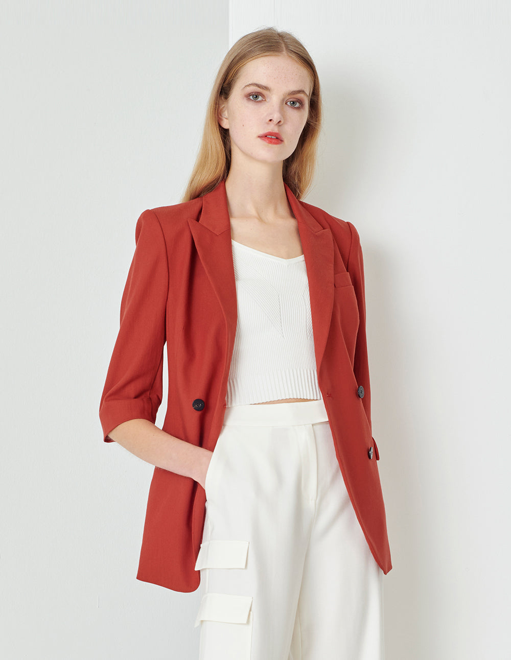 MARYLING Orange Double Breasted Blazer With V-Slit Hem