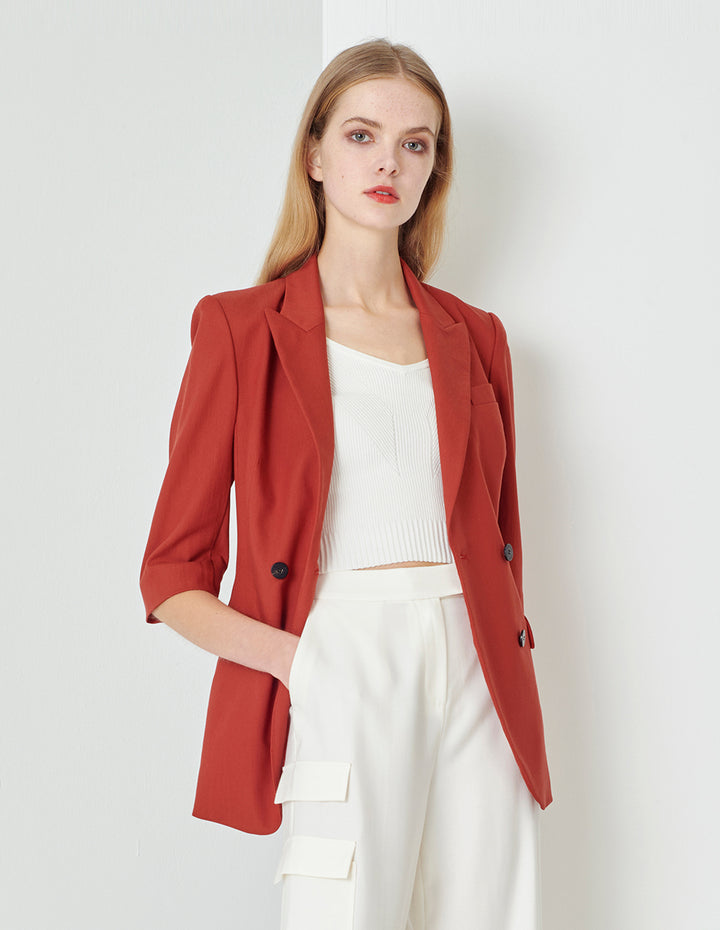 MARYLING Orange Double Breasted Blazer With V-Slit Hem