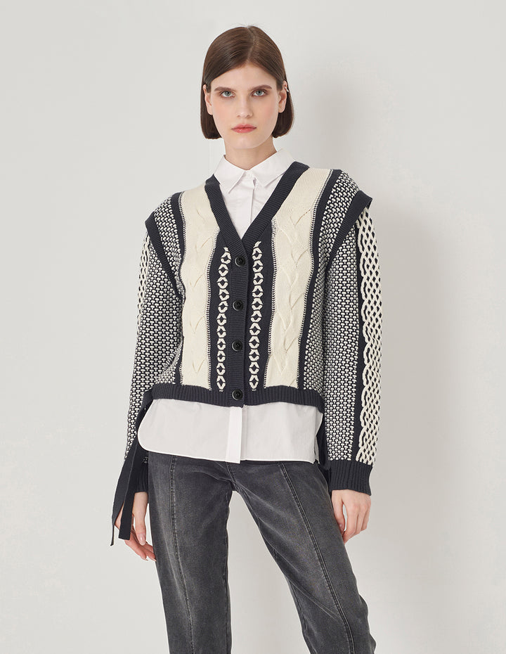 MARYLING Shirt Collar Black And White Knit Woven Cardigan