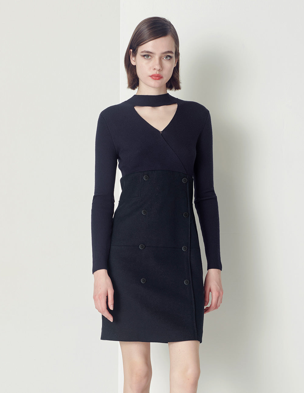 MARYLING midnight blue V-neck hollow shift knit dress