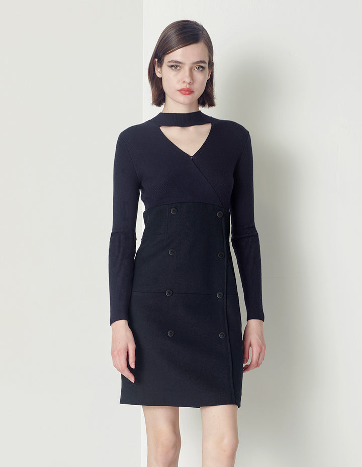 MARYLING midnight blue V-neck hollow shift knit dress