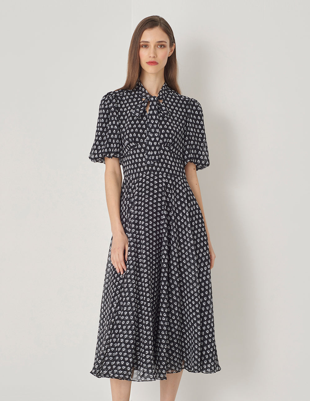 MARYLING Black And White Forest Tie Bow Shirt Dress