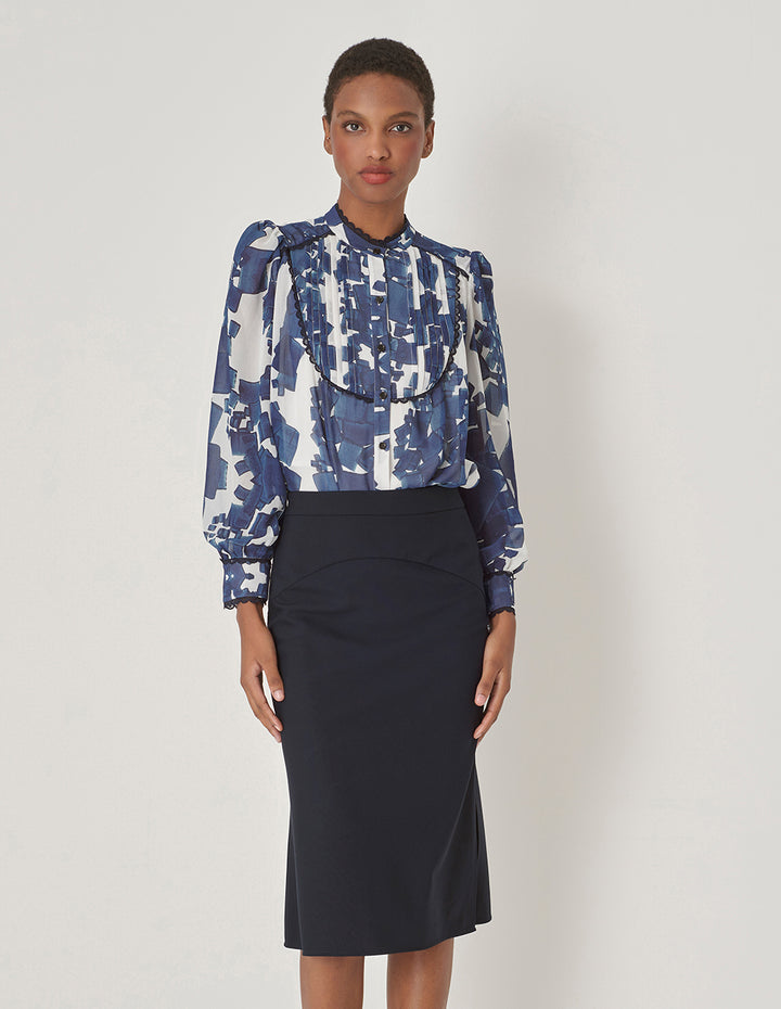 MARYLING Blue And White Gravel Collar Stitching Lace Top