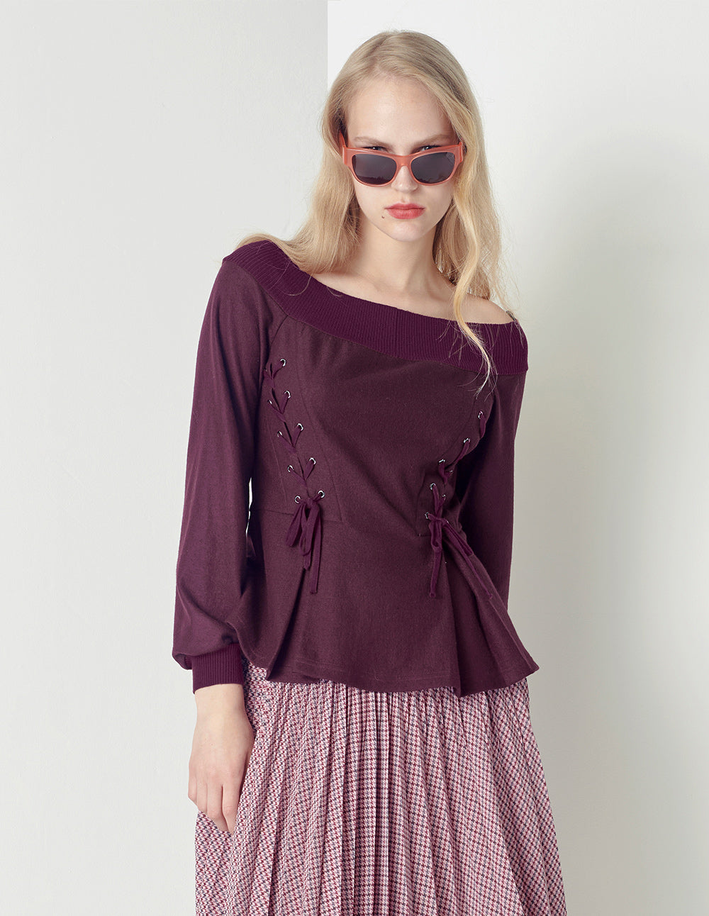 MARYLING Wine red off-shoulder sexy wool knitted top