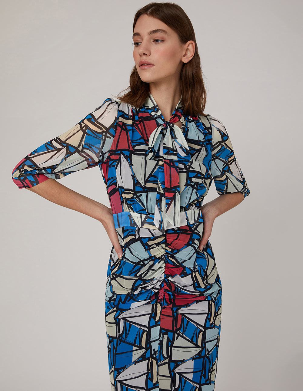 MARYLING Boat Georgette Print Bow Neck Dress
