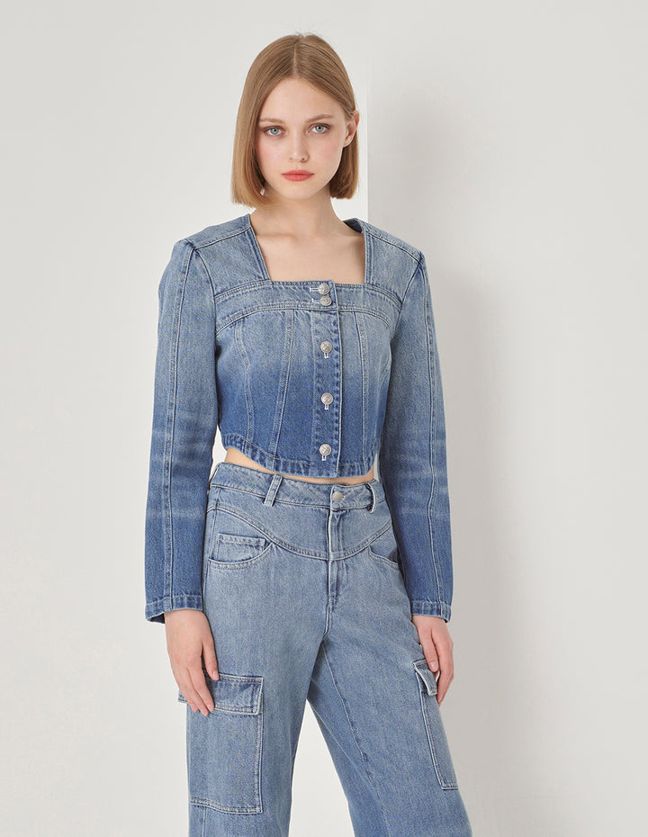 MARYLING Denim Ombre Cropped Jacket