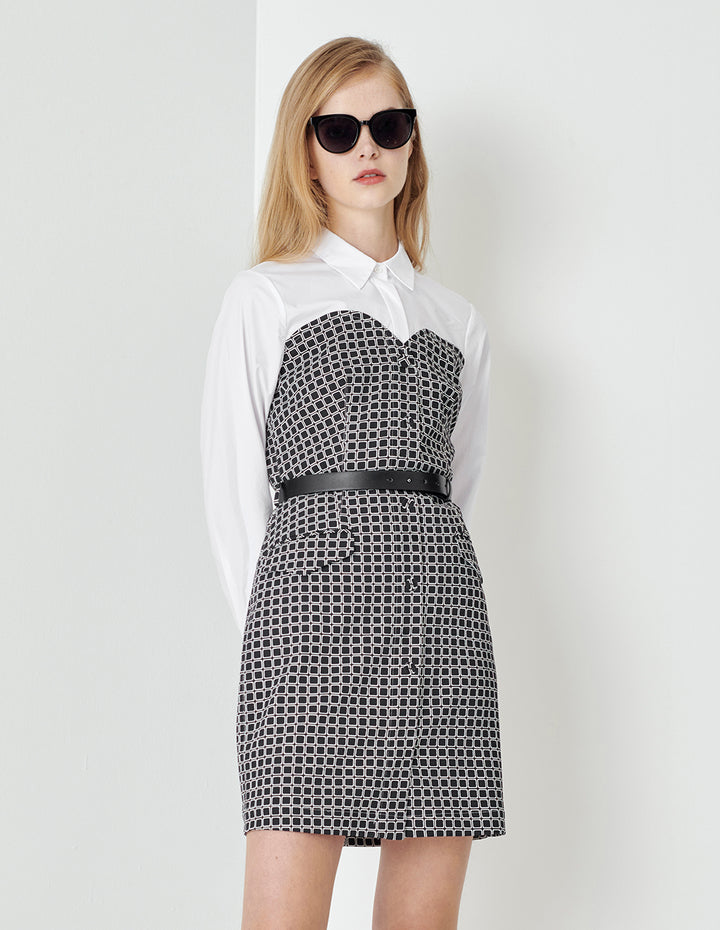 MARYLING Black And White Plaid Fake Two-Piece Spliced Contrast Colour Shirt Dress