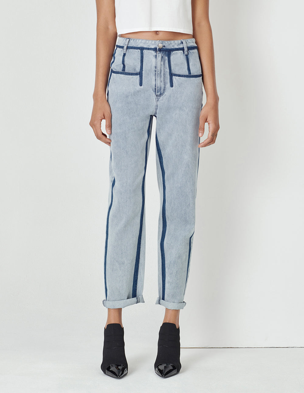 MARYLING Contrast Striped Denim Cropped Pencil Pants
