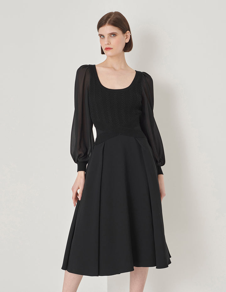 MARYLING Black Square Neck Knitted Patchwork Georgette Sleeve Dress