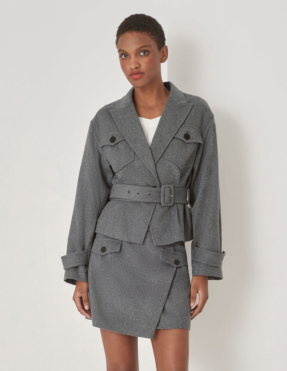 MARYLING Gray Lapel Collar Contrast Button Belted Jacket
