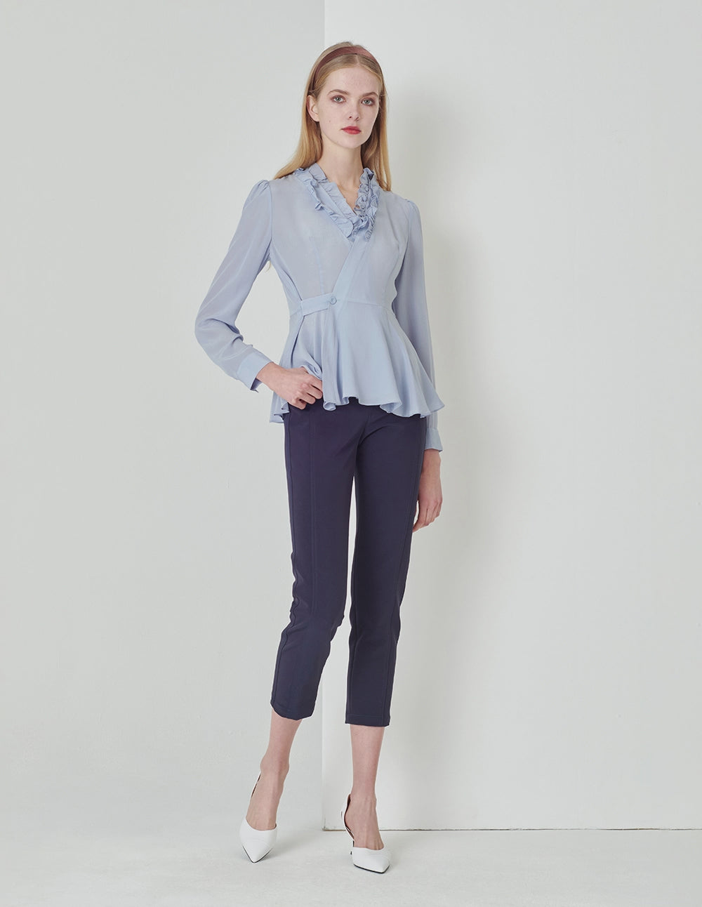 MARYLING Foggy blue silk crepe de chine V-neck shirt