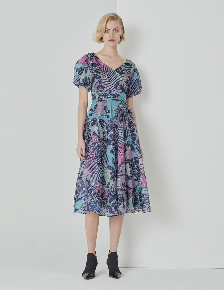 MARYLING V-Neck Semi-Transparent Puff Sleeves Pleated Print Flower Dress