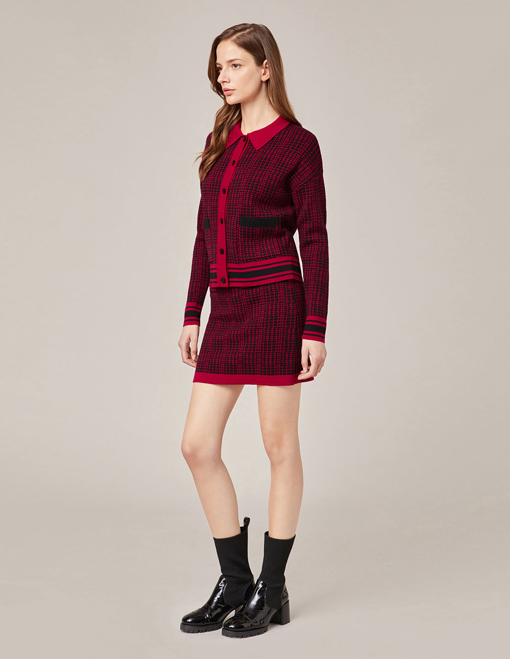 MARYLING Black And Red Houndstooth Knitted Skirt