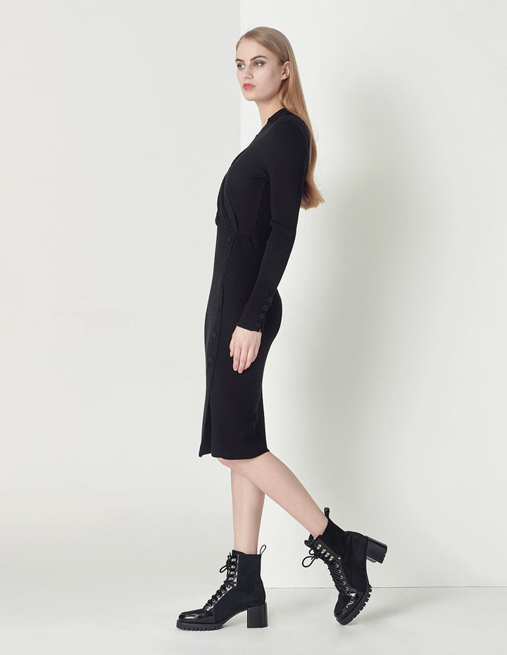 MARYLING black all-match slim V-neck knitted dress