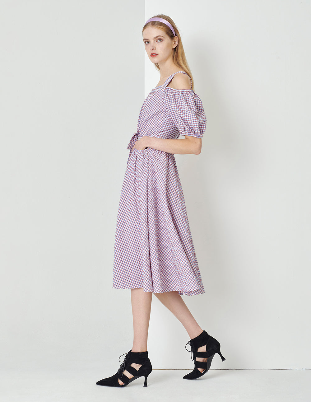 MARYLING Light Purple Checkered V-Neck Puff Sleeves Bowknot Decorated Dress