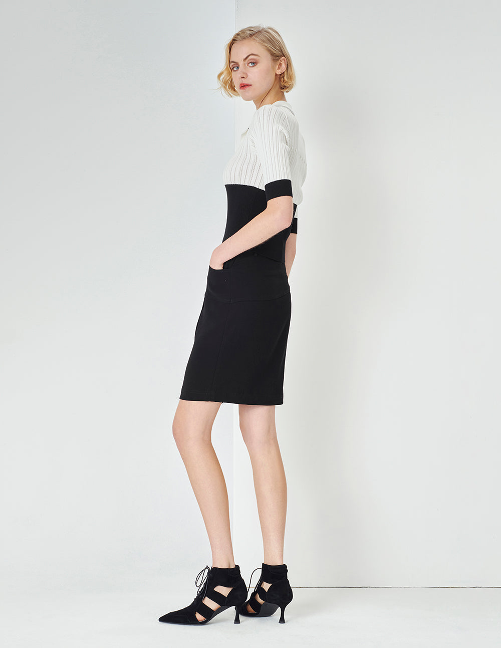 MARYLING Black Asymmetric Hem Pencil Skirt