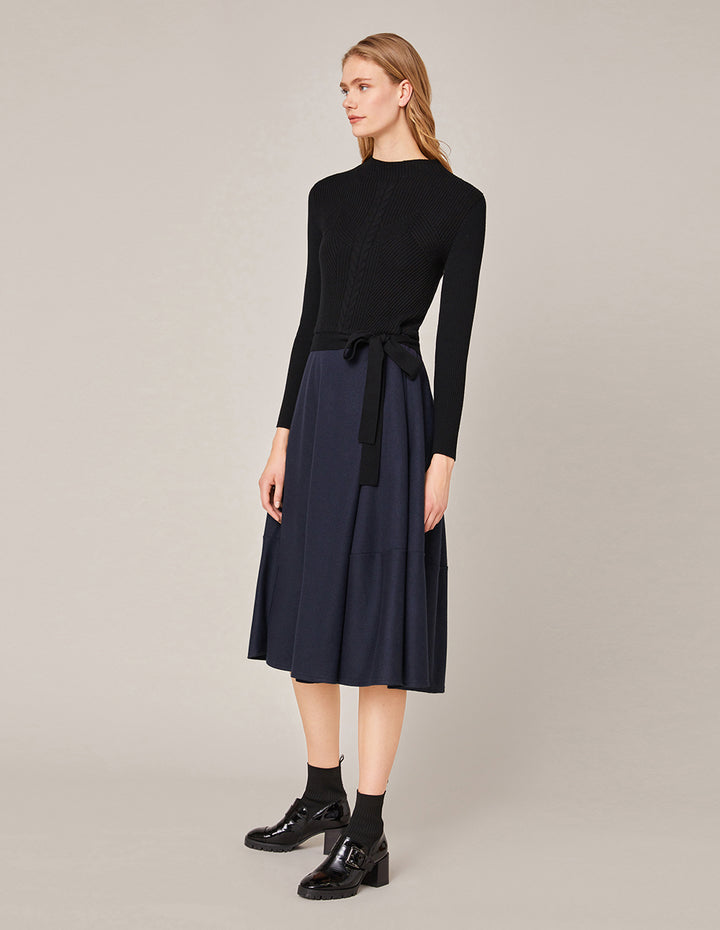 MARYLING Rib-Knit Spliced Pleated Midi Dress