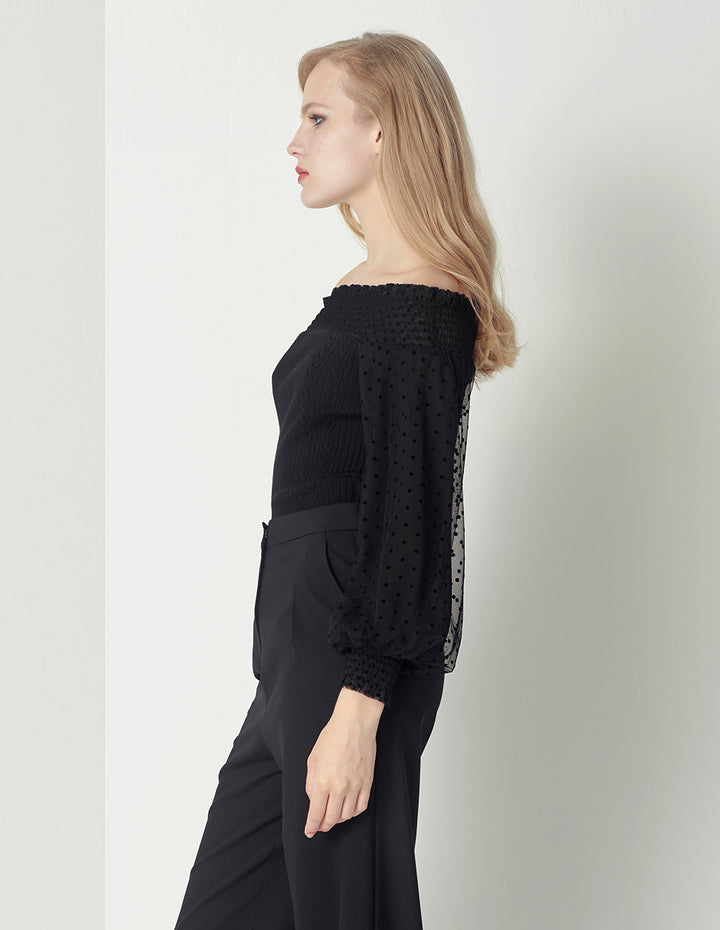 MARYLING One-word neck pleated puff sleeve knitted top