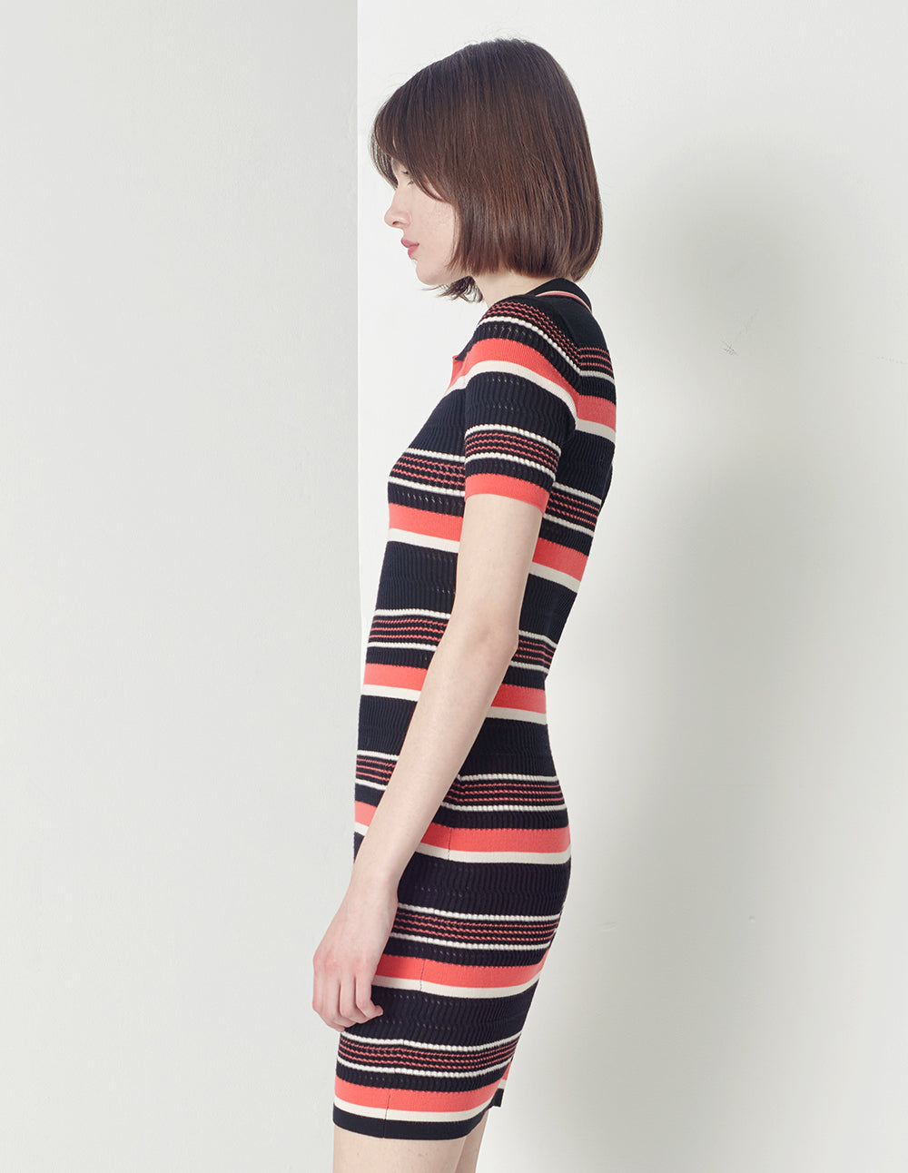 MARYLING Point Neck Short Sleeve Color Striped Dress