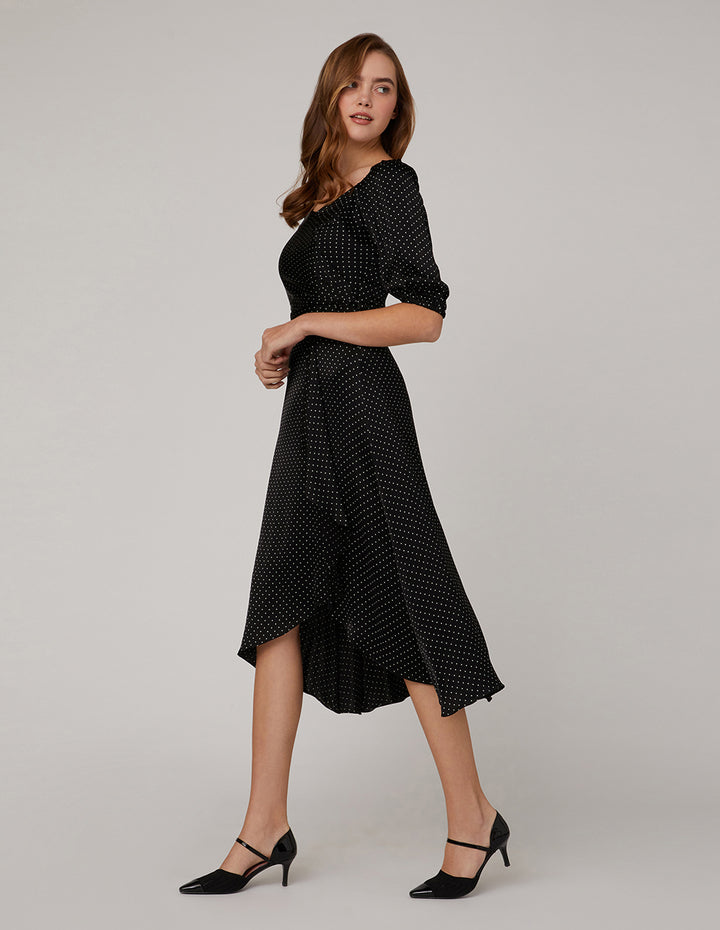MARYLING V Neck Black Polka Dot Dress