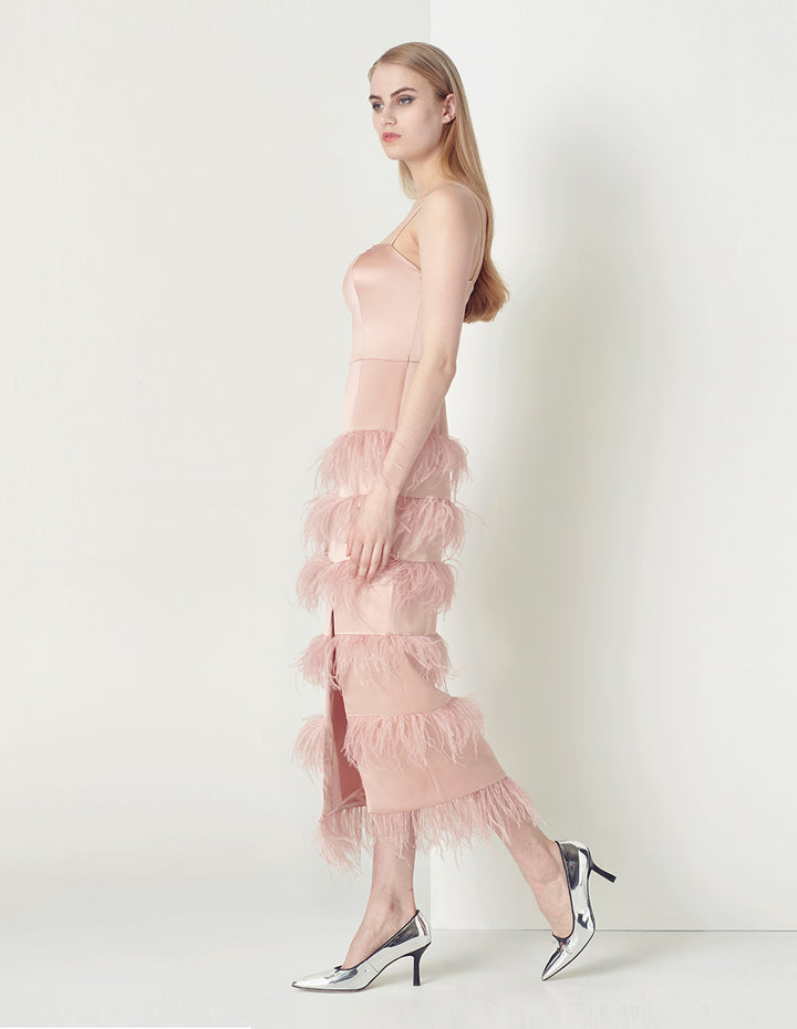 MARYLING Haze powder elegant and noble ostrich hair suspender dress