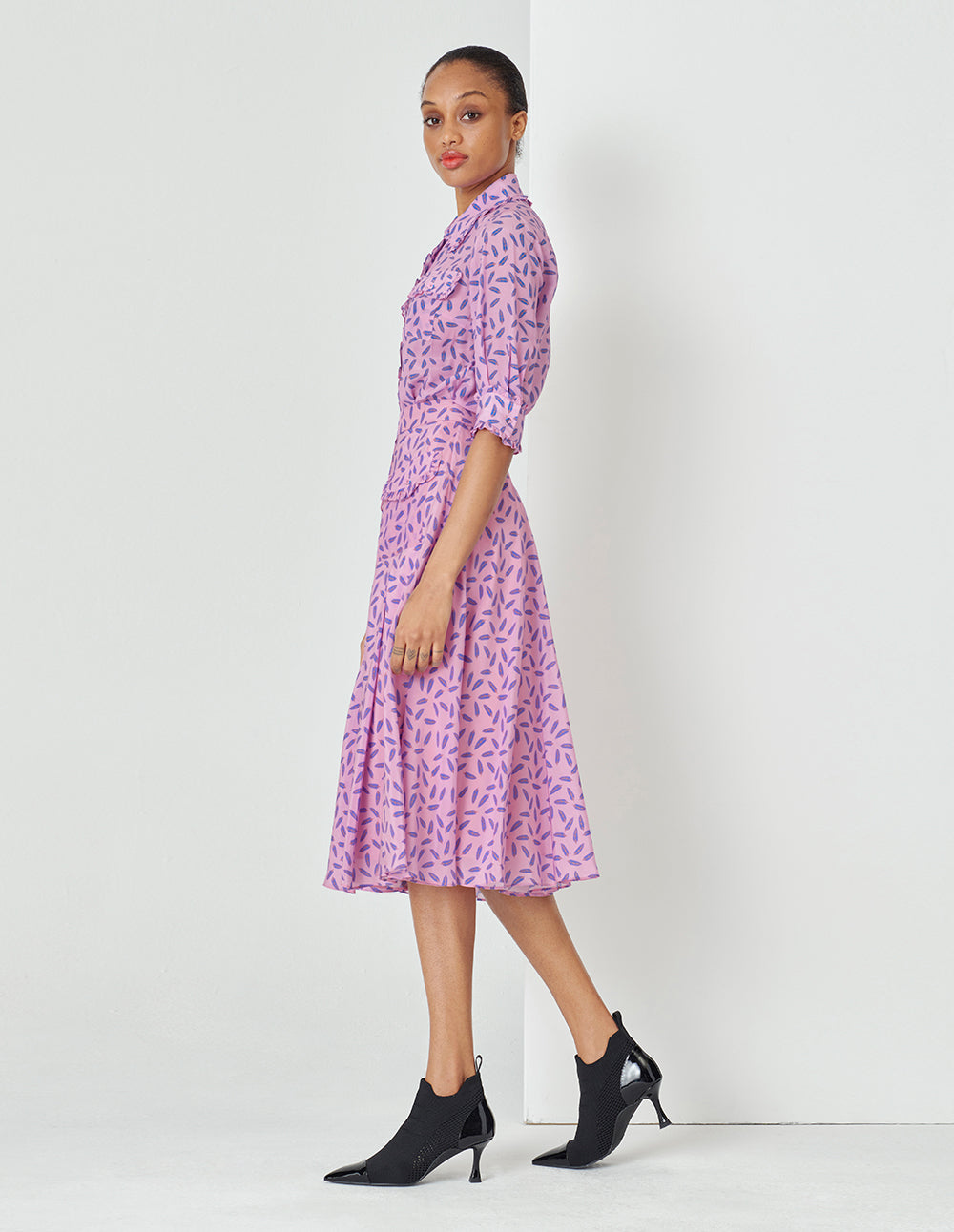 MARYLING Dreamy Pink Printed Cropped Sleeves Silk Shirt