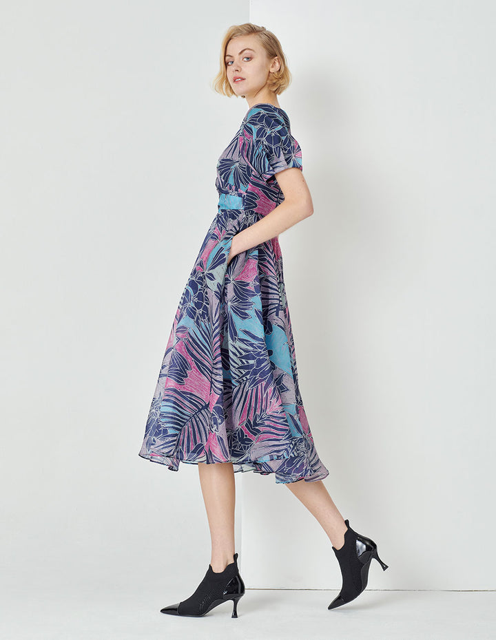 MARYLING V-Neck Semi-Transparent Puff Sleeves Pleated Print Flower Dress