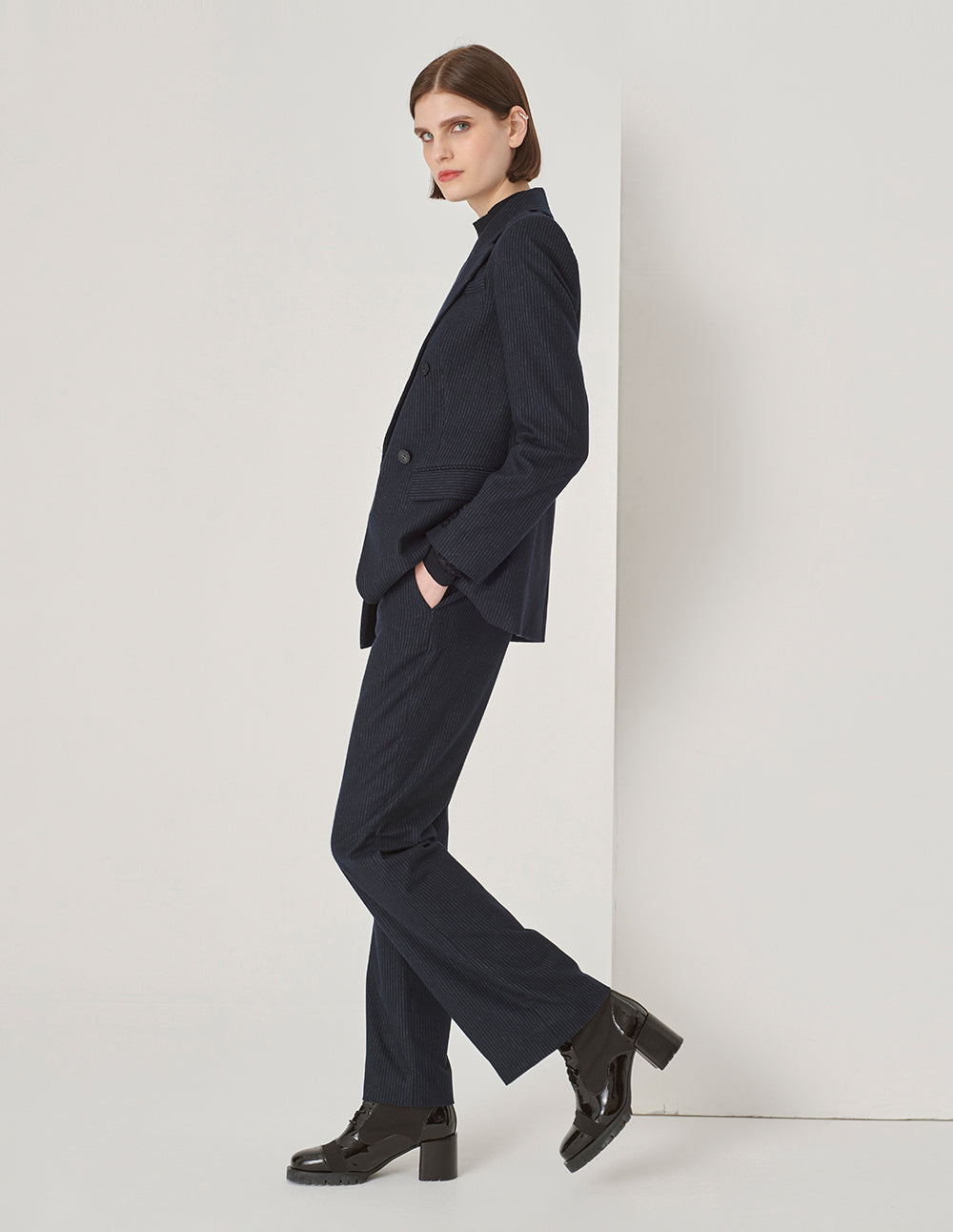 Maryling Navy Striped Straight-Fit Trousers