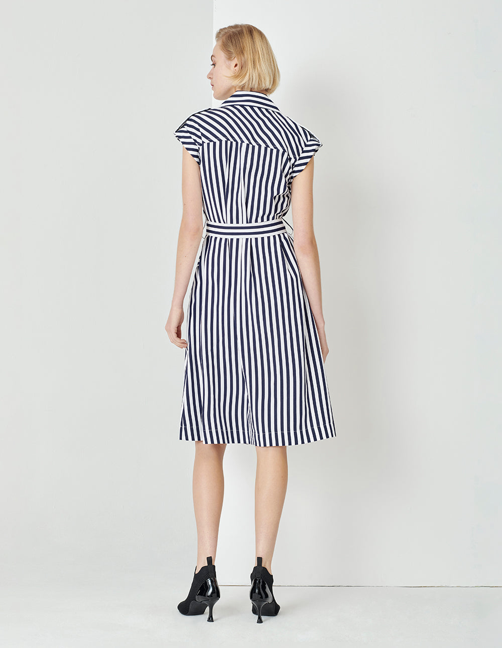 MARYLING Blue And White Striped Lapel Belted Striped Dress