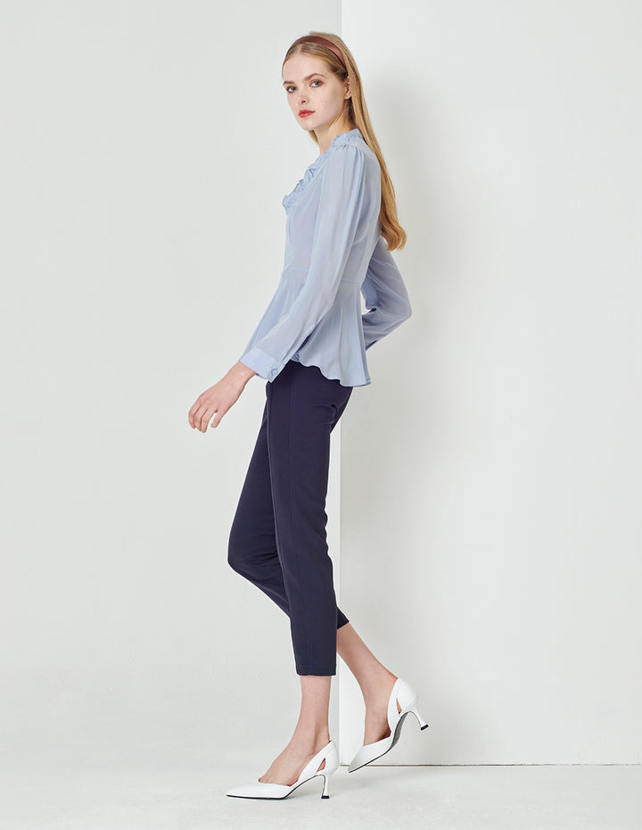 MARYLING Foggy blue silk crepe de chine V-neck shirt