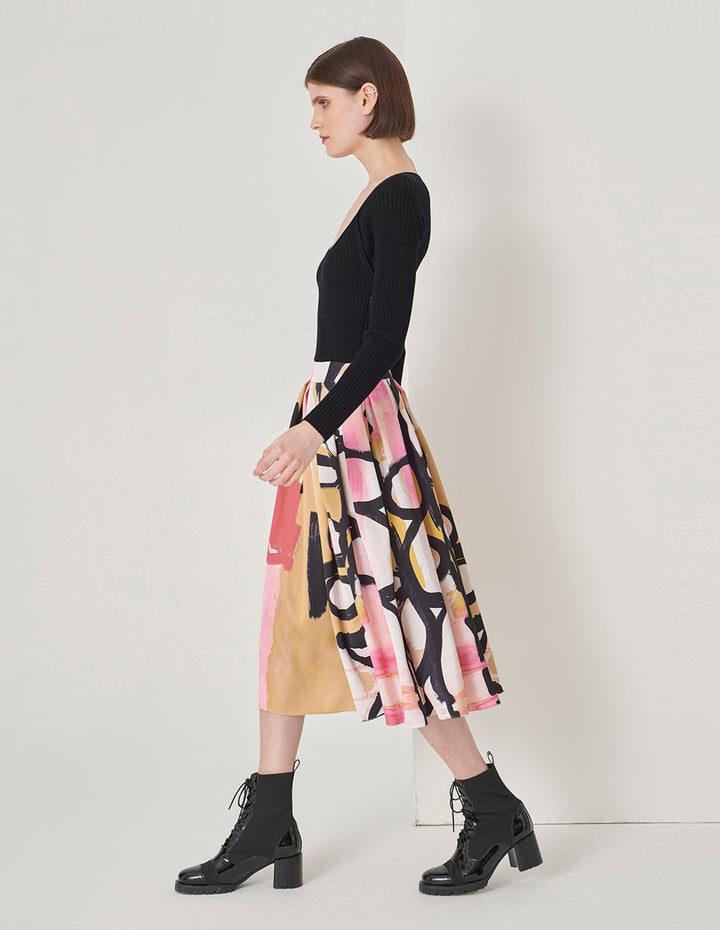 MARYLING V-Neck Knitted Art Print Dress