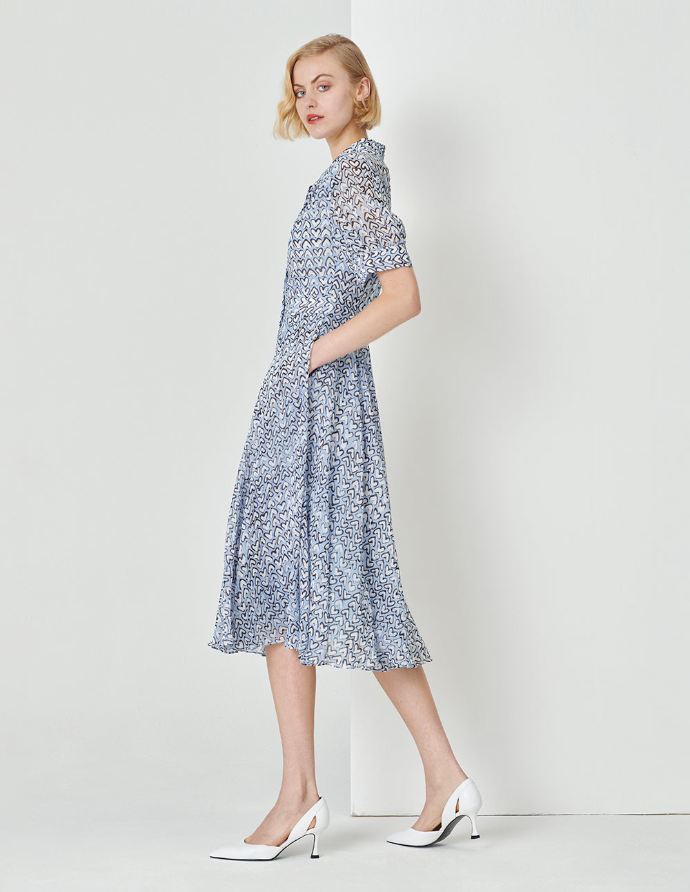 MARYLING Blue Heart Print Tie Bow Shirt Dress