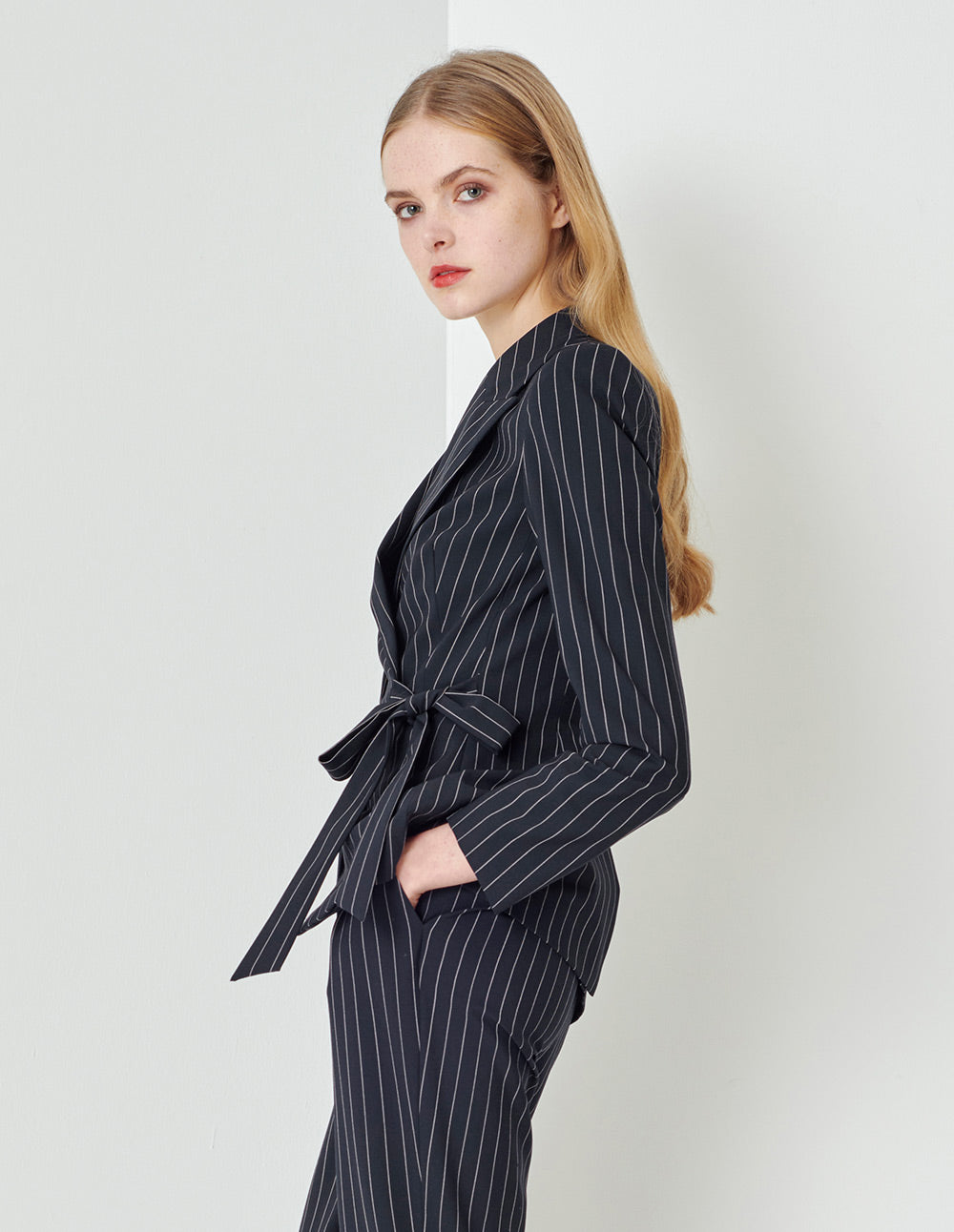 MARYLING  Blue Bottom White Striped Lapel Wrap Detail Striped Suit Jacket