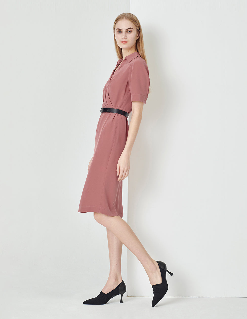 MARYLING Shirt Collar Pleated Straight Slit Dress