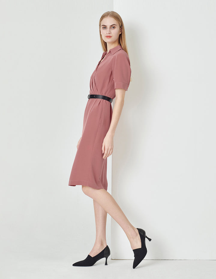 MARYLING Shirt Collar Pleated Straight Slit Dress