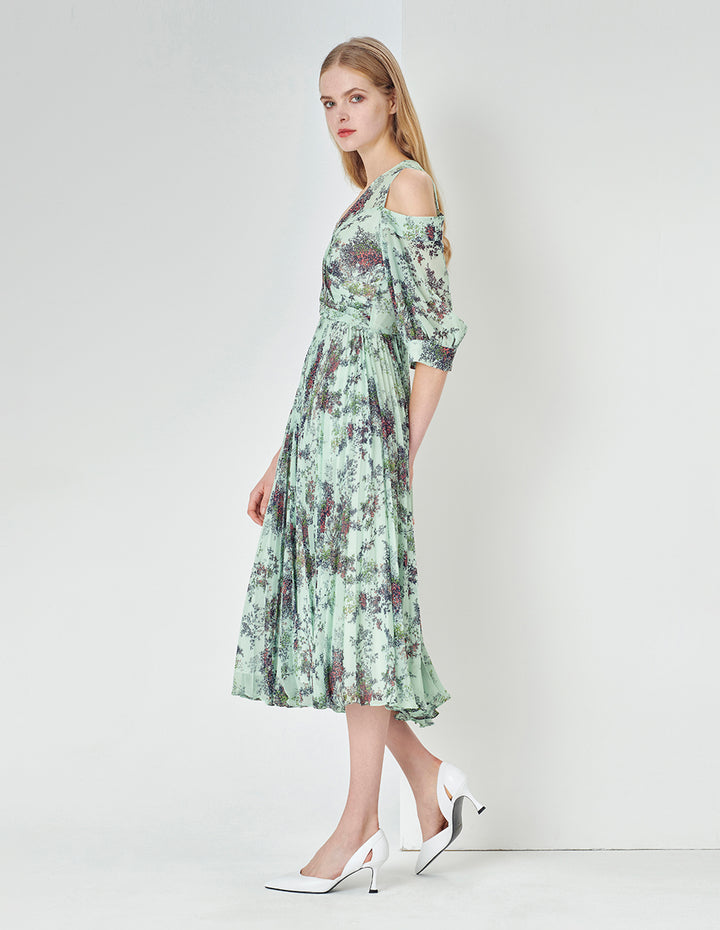 MARYLING Light Green Summer Jungle V-Neck Crossed Pleated Off-Shoulder Printed Dress